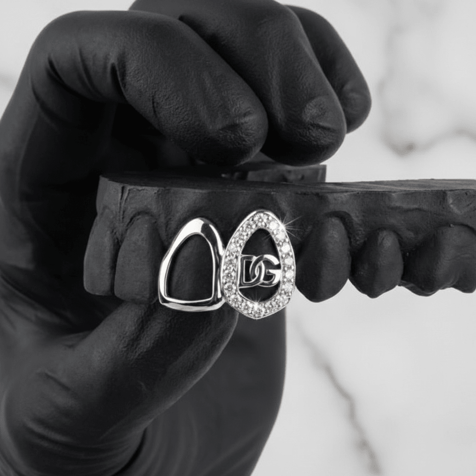 DYNASTY (GOLD PLATED CUSTOM LOGO GRILLZ) - White - HC Grillz